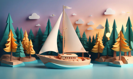 A papercraft sailboat sails through a forest of papercraft trees at sunsetの素材