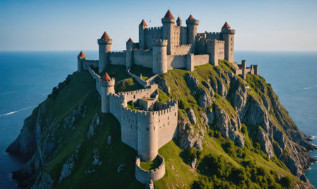 A large, grey stone castle sits atop a green cliff overlooking the blue oceanの素材