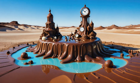 A chocolate sculpture of a clock tower and church in a desert settingの素材