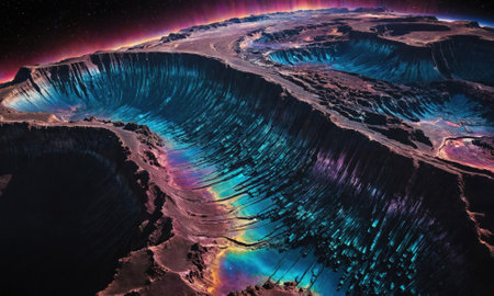 A vibrant, blue crater on an alien planet with a starry sky aboveの素材