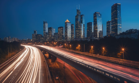 A view of a Chicago highway at night, with the citys skyline in the backgroundの素材