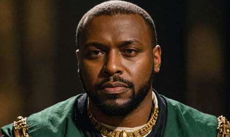 A man with a beard stares directly at the camera, wearing a green shirt and a gold chainの素材