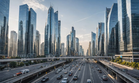 A busy highway cuts through the heart of a modern city, with sleek skyscrapers lining the roadの素材