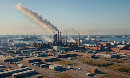 A large industrial complex with multiple smokestacks emitting smoke into the clear skyの素材