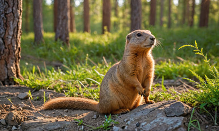 A prairie dog sits on a rock in a forest, looking up and to the leftの素材