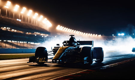 A Formula One car races under the lights at night, leaving a trail of smoke behind itの素材