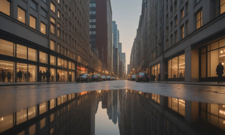 A city street is reflected in a puddle after a rain showerの素材