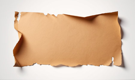 A brown paper sheet with torn edges lies flat on a white surfaceの素材