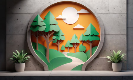 A papercraft scene of a forest with trees, hills, and a path leading into the distance, all set against a background of an orange sky and a white sunの素材