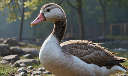 A goose sits on the ground near some rocks and green grassの素材