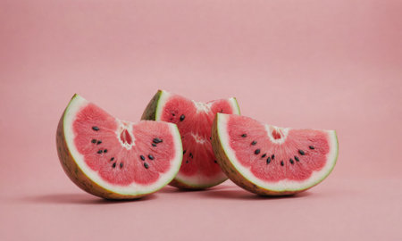 Three watermelon slices lay on a pink surfaceの素材