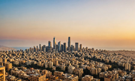 A panoramic view of Beirut, Lebanon, at sunset, showcasing the citys skyline with its iconic skyscrapersの素材