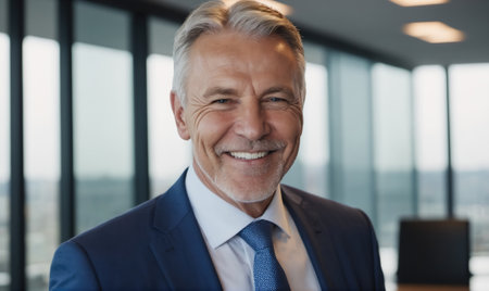 A businessman smiles confidently while standing in a modern office buildingの素材