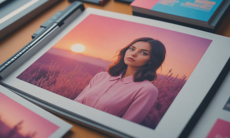 A woman in a pink shirt stands in a field during a pink sunsetの素材