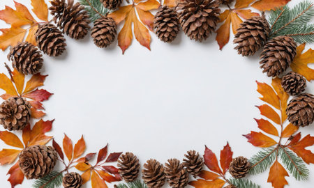 Pine cones and leaves arranged in a frame on a white backgroundの素材