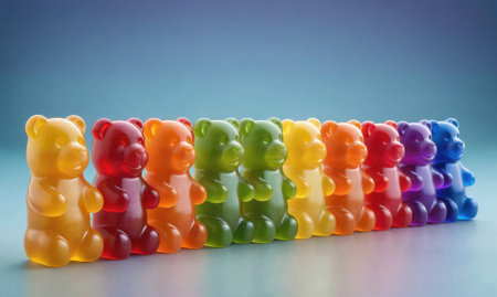 A row of colorful gummy bears stand in a line, arranged in a rainbow patternの素材