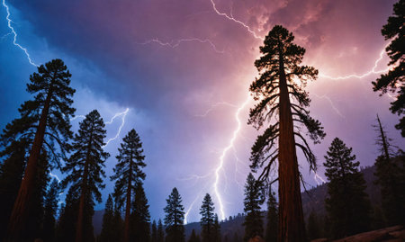 Lightning strikes illuminate the night sky above a forest of tall treesの素材