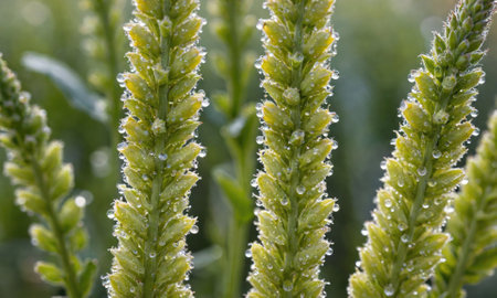 Close-up of green flowering plants with dew drops after a morning rainの素材