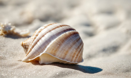 A large seashell rests on the white sand of a beach, showcasing its intricate patterns and texturesの素材