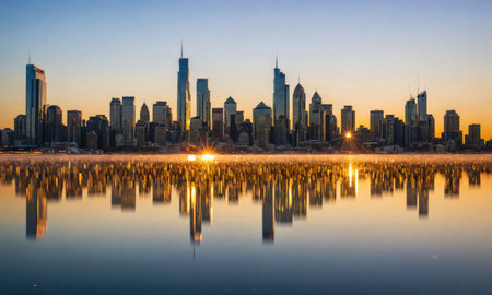 The Chicago skyline reflects in the water at sunriseの素材