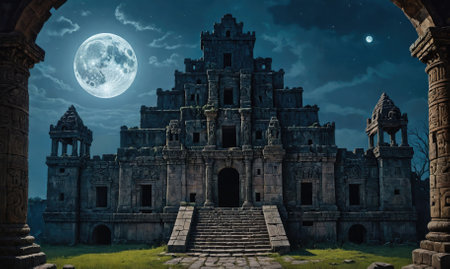 A large, stone temple stands tall under a full moon, illuminated by its soft glowの素材
