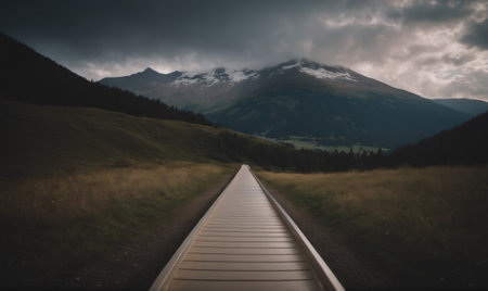 A wooden path leads up to a snowy mountain range under a dramatic skyの素材