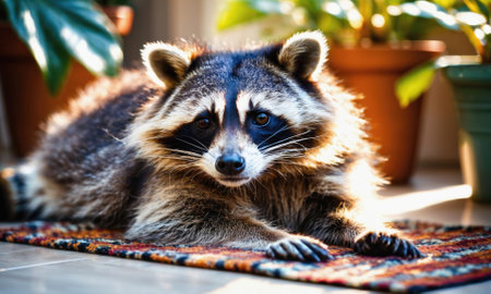A raccoon lounges on a colorful rug in the afternoon sunの素材