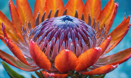 A close-up view of a protea flower in full bloom, showcasing its vibrant orange petals and intricate blue and purple centerの素材
