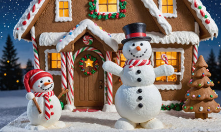 Two snowmen stand in front of a gingerbread house decorated with candy canes and a wreathの素材
