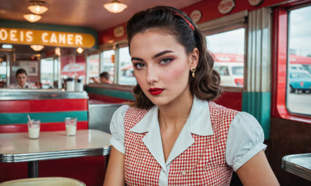 A young woman in a red and white checkered vest sits at a diner booth, looking at the cameraの素材