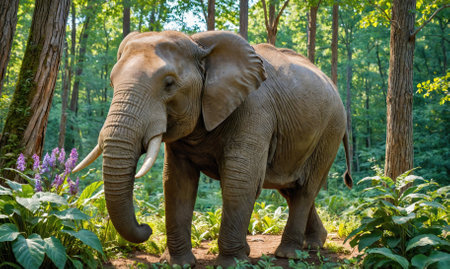 An elephant walks through a dense forest on a sunny day, its large ears flapping in the breezeの素材