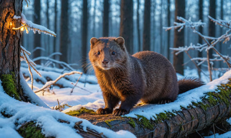 A long-tailed weasel sits on a snowy log in the forest at duskの素材
