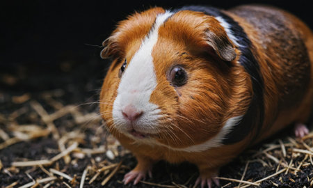 A brown and white guinea pig sits on a bed of straw, looking directly at the cameraの素材
