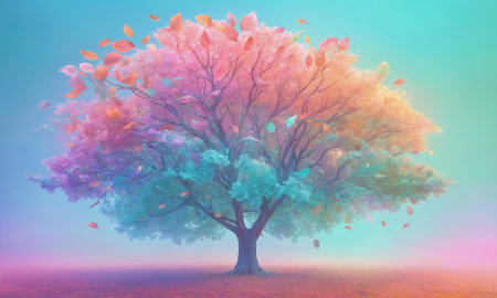 A colorful tree with leaves of pink, orange, and blue stand against a soft blue and pink skyの素材