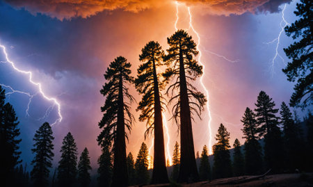 Lightning strikes behind tall trees in a forestの素材