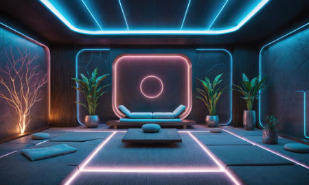 A futuristic lounge with neon lights and a meditation cushion in the centerの素材