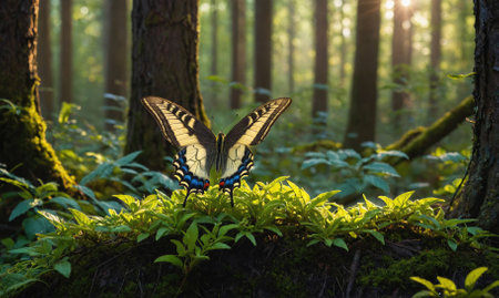A swallowtail butterfly rests on a patch of green plants in a sun-dappled forestの素材