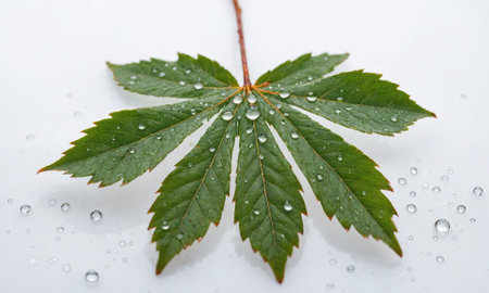 A single green leaf with water droplets sits on a white surfaceの素材