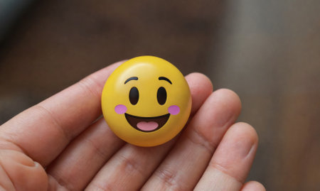 A hand holding a yellow emoji with a smiley faceの素材
