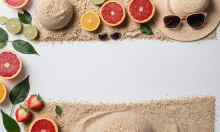 Summer fruits and accessories are arranged on a white background with sandの素材
