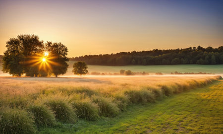 The sun rises over a misty field, casting a golden glow on the tall grass and treesの素材