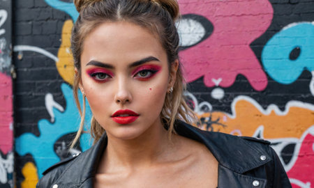 A woman with red eyeshadow and lipstick stands in front of a colorful graffiti wallの素材