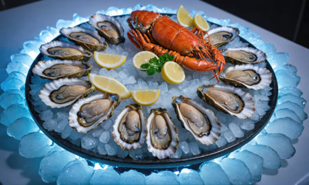 A plate of fresh oysters and a lobster, surrounded by ice and lemon wedges, makes for a delicious seafood platterの素材