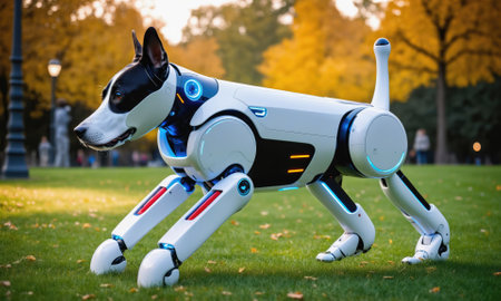 A robotic dog walks on a grassy lawn in a parkの素材