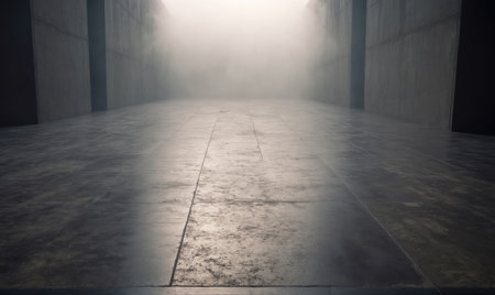 A narrow concrete corridor is illuminated by a bright light at the end, casting a hazy glow on the pathの素材