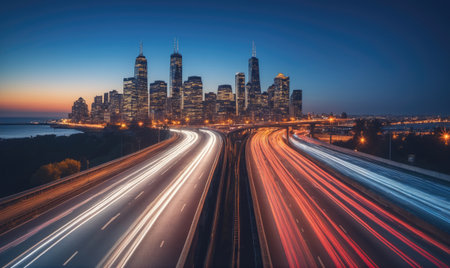 A long exposure of traffic speeding along a highway in a city at nightの素材