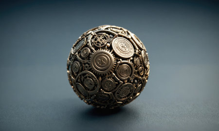 A metallic sphere, composed entirely of intricate gears and cogs, sits on a dark blue surfaceの素材