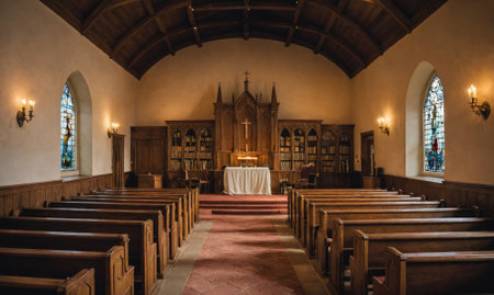 Empty pews in a church with stained glass windows and a wooden altarの素材