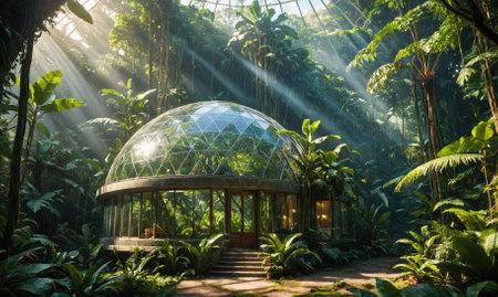 A glass dome structure sits surrounded by lush greenery in a tropical garden, bathed in sunlightの素材