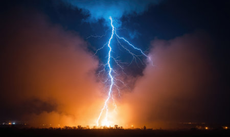 A single bolt of lightning strikes the ground during a nighttime thunderstormの素材